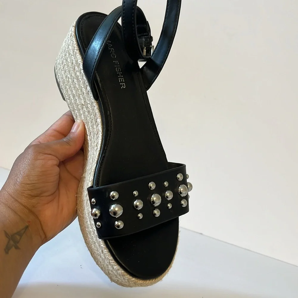 Marc Fisher Black Leather Ankle Strap Studded Wedge Sandals Sz‎ 7